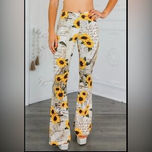 Floral Sunflower Print Flare Pants